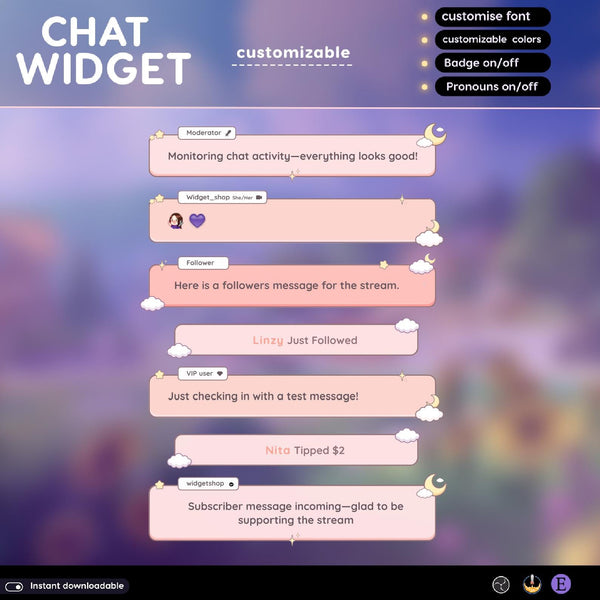 Pastel Moon Chat Widget | Twitch StreamElements OBS Animated Cloud Overlay | Dreamy VTuber Streamer