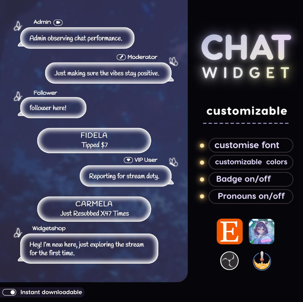 Kawaii Butterfly Chat Widget | Twitch StreamElements Pastel Animated Overlay | Cute VTuber Streamer