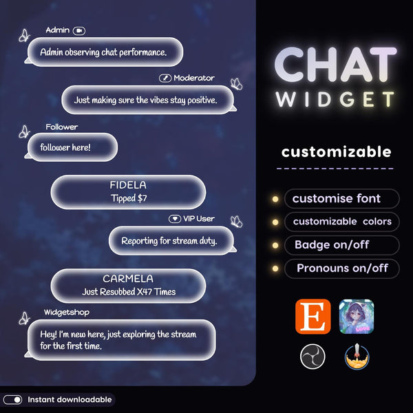 Kawaii Butterfly Chat Widget | Twitch StreamElements Pastel Animated Overlay | Cute VTuber Streamer