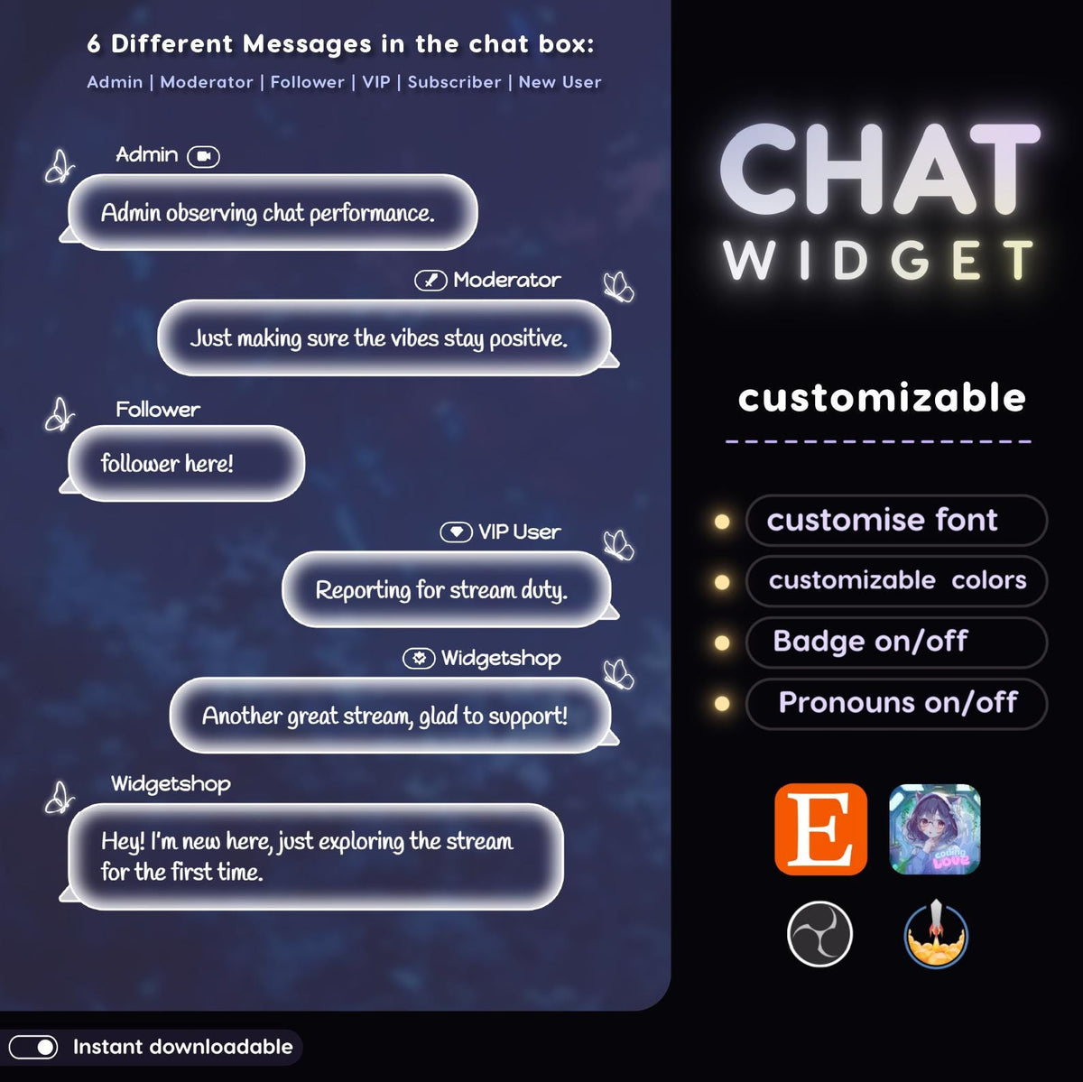 Kawaii Butterfly Chat Widget | Twitch StreamElements Pastel Animated Overlay | Cute VTuber Streamer