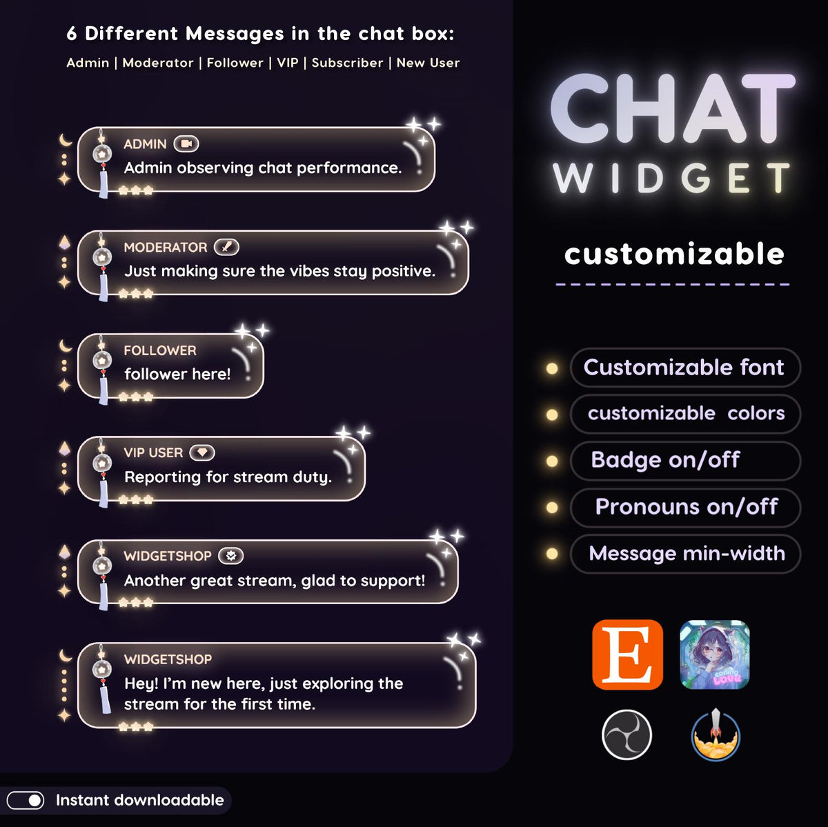 Moon Star Chat Widget | Twitch StreamElements Glassy Animated Overlay | Celestial VTuber Streamer
