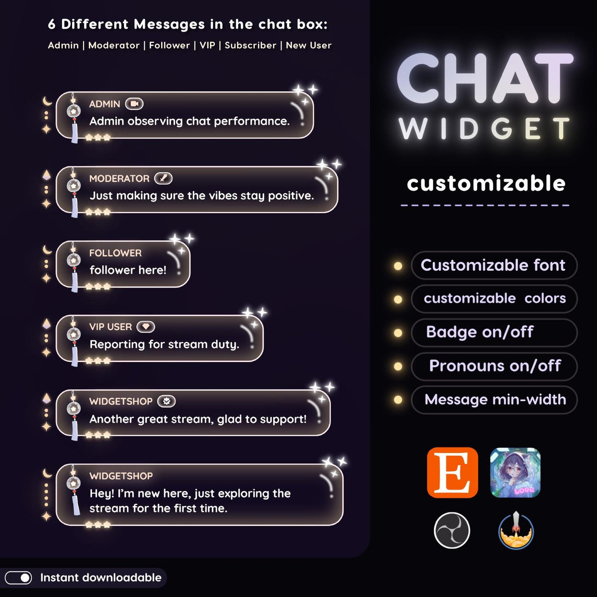 Moon Star Chat Widget | Twitch StreamElements Glassy Animated Overlay | Celestial VTuber Streamer