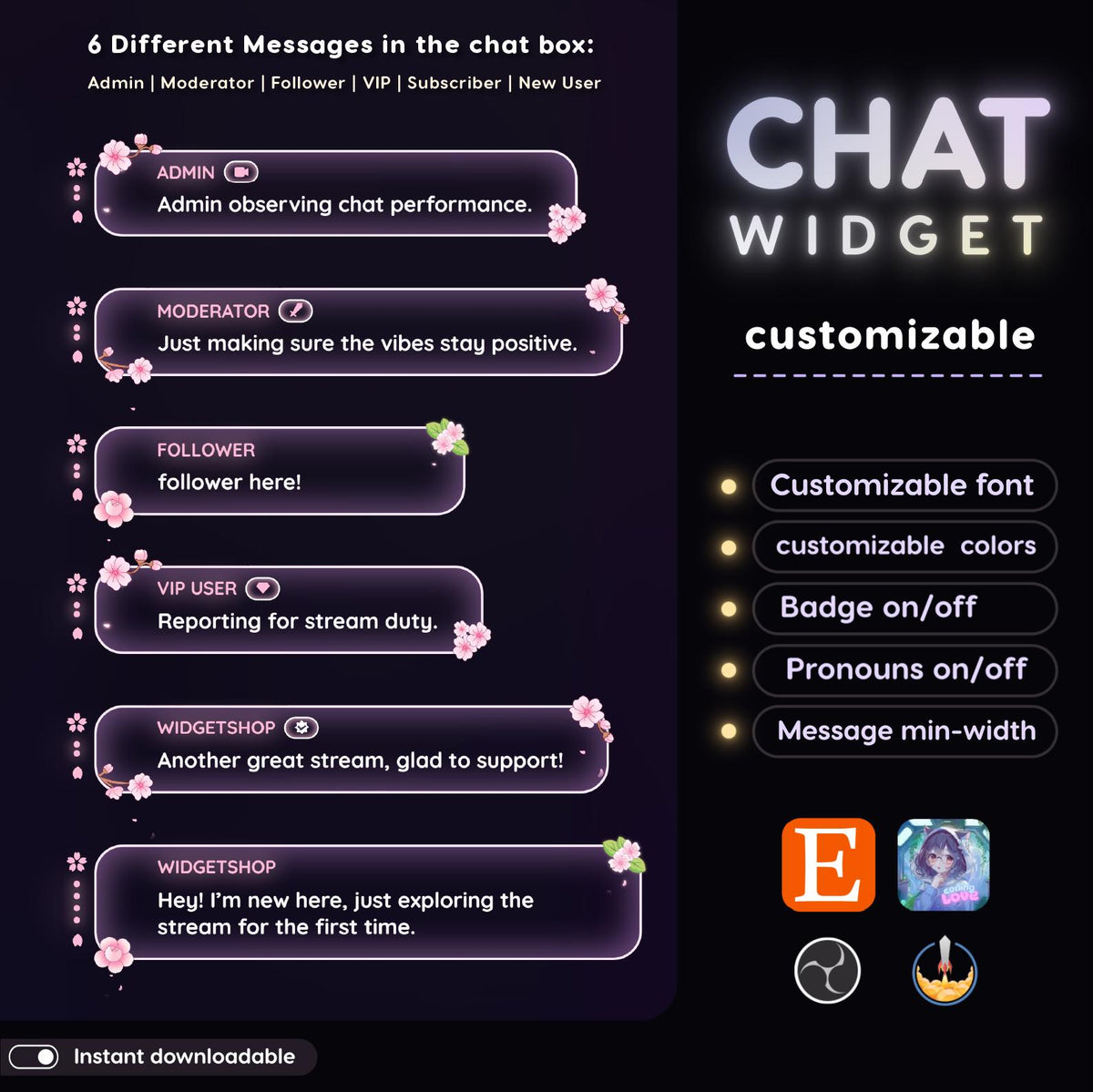 Glassy Chat Widget | Twitch StreamElements OBS Floral Animated Overlay | VTuber Streamer Gift