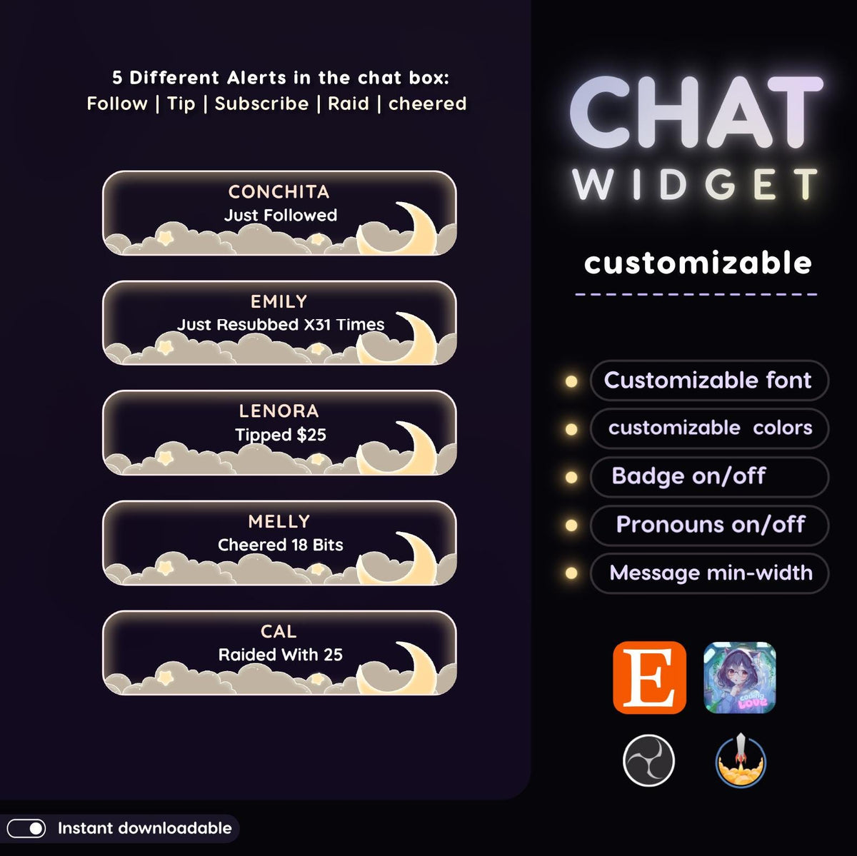 Moon Star Chat Widget | Twitch StreamElements Glassy Animated Overlay | Celestial VTuber Streamer