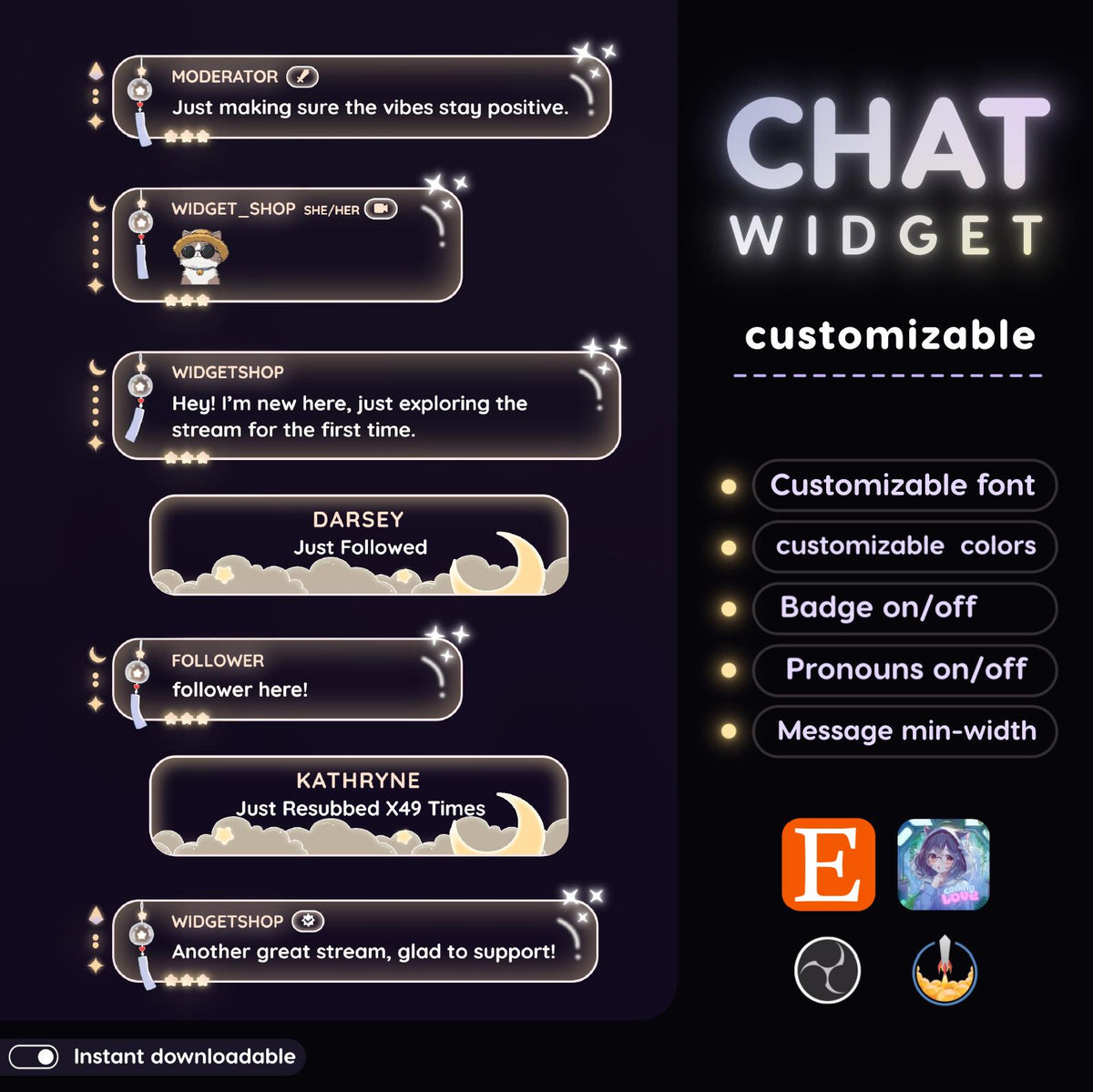 Moon Star Chat Widget | Twitch StreamElements Glassy Animated Overlay | Celestial VTuber Streamer