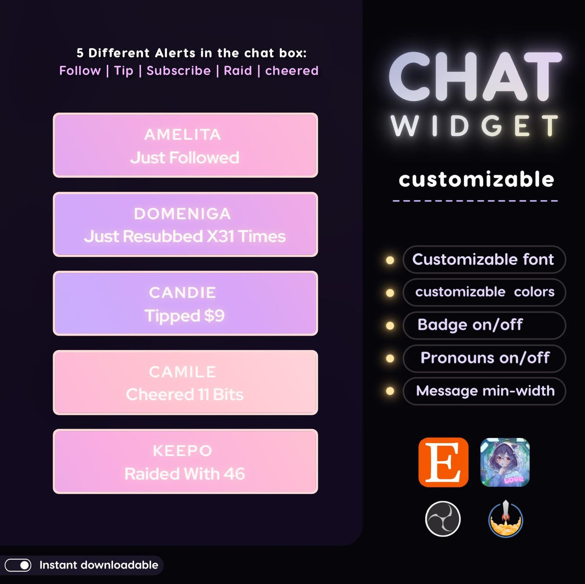 Pastel Neon Glow Chat Widget | Twitch OBS StreamElements Animated Overlay | Kawaii VTuber Streamer