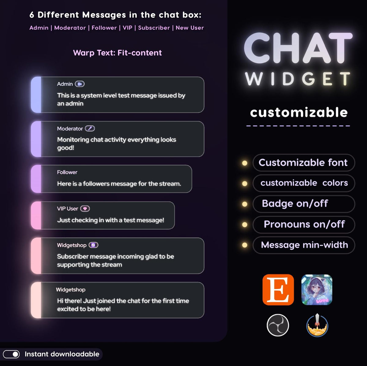 Pastel Neon Glow Chat Widget | Twitch OBS StreamElements Animated Overlay | Kawaii VTuber Streamer