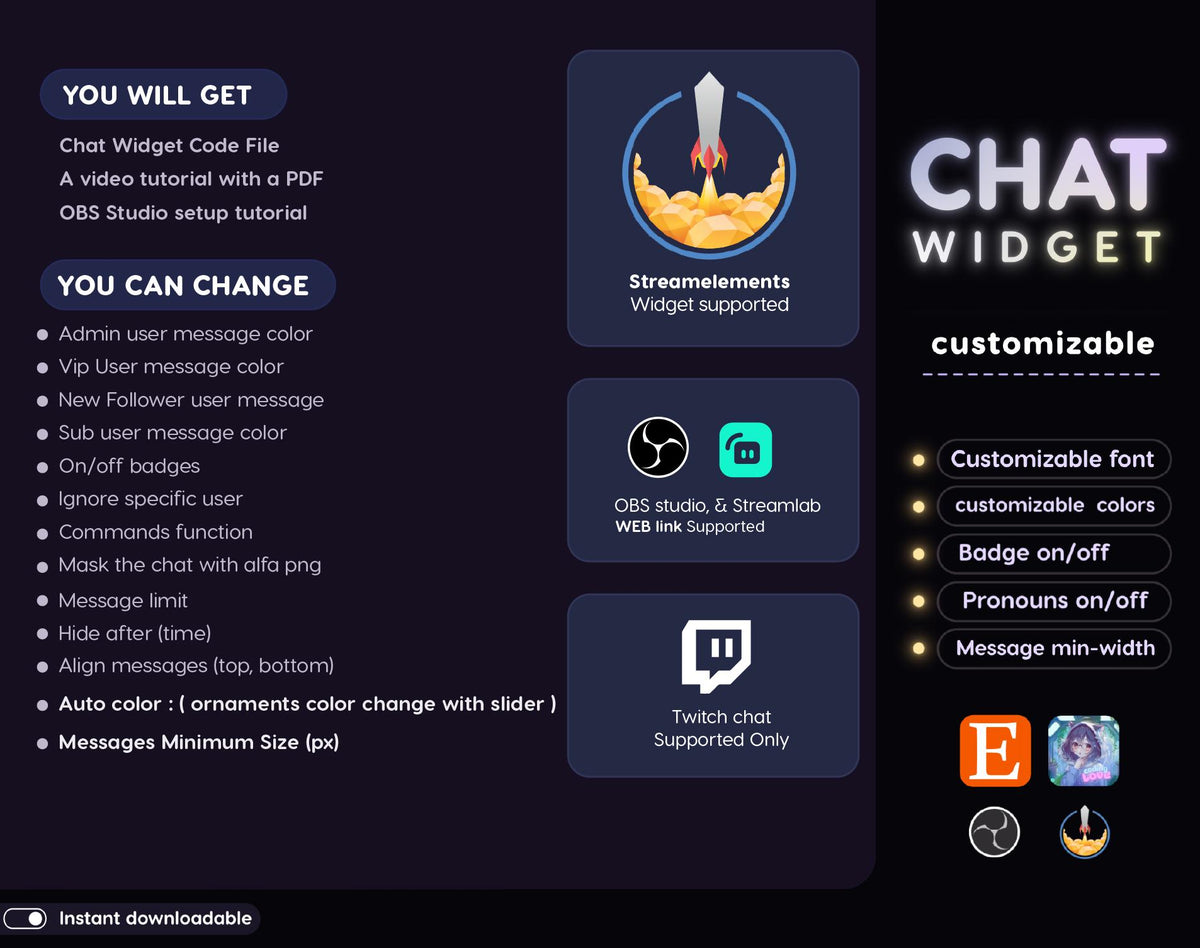 Pastel Neon Twitch Chat Widget | StreamElements OBS Animated Overlay (Instant Download)