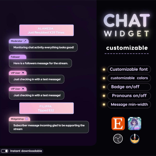 Pastel Neon Twitch Chat Widget | StreamElements OBS Animated Overlay (Instant Download)