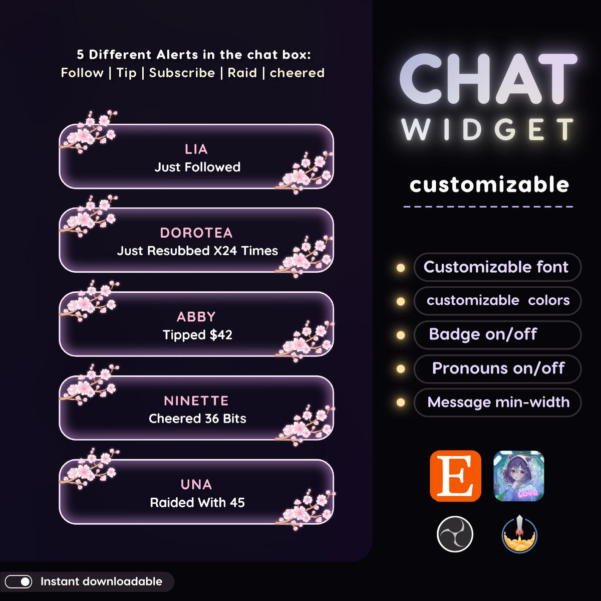 Sakura Glassy Chat Widget | Twitch StreamElements OBS Floral Animated Overlay | VTuber Streamer Gift