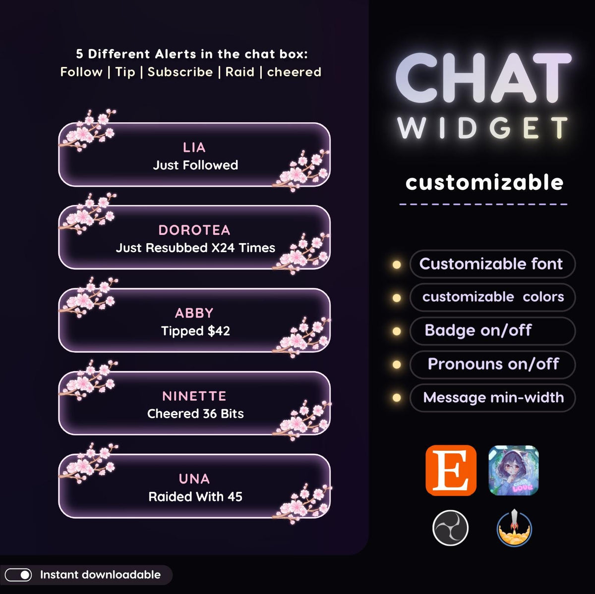 Sakura Glassy Chat Widget | Twitch StreamElements OBS Floral Animated Overlay | VTuber Streamer Gift