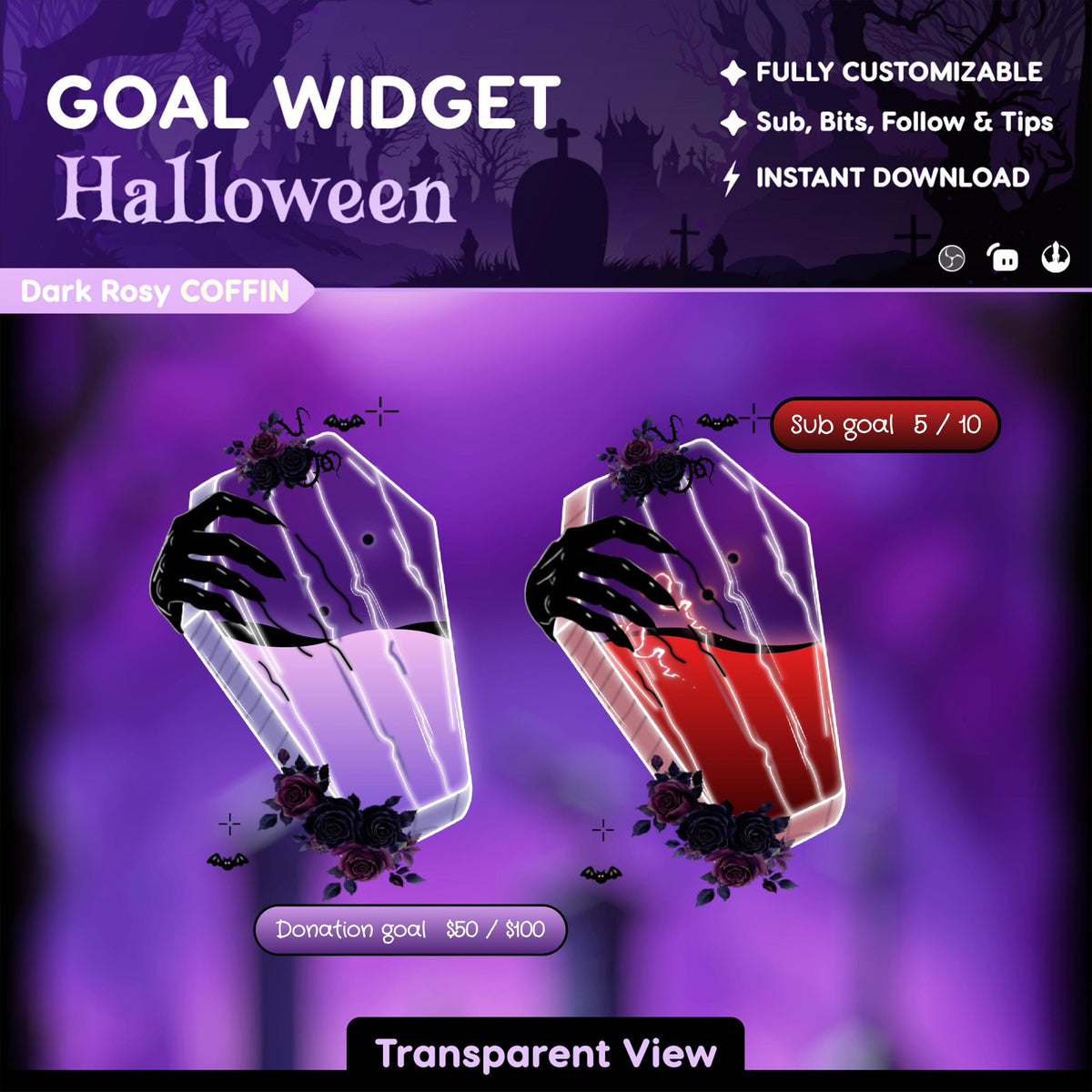 Halloween Coffin Goal Widget: Dark Night, Dark Rose - Streamer Assets