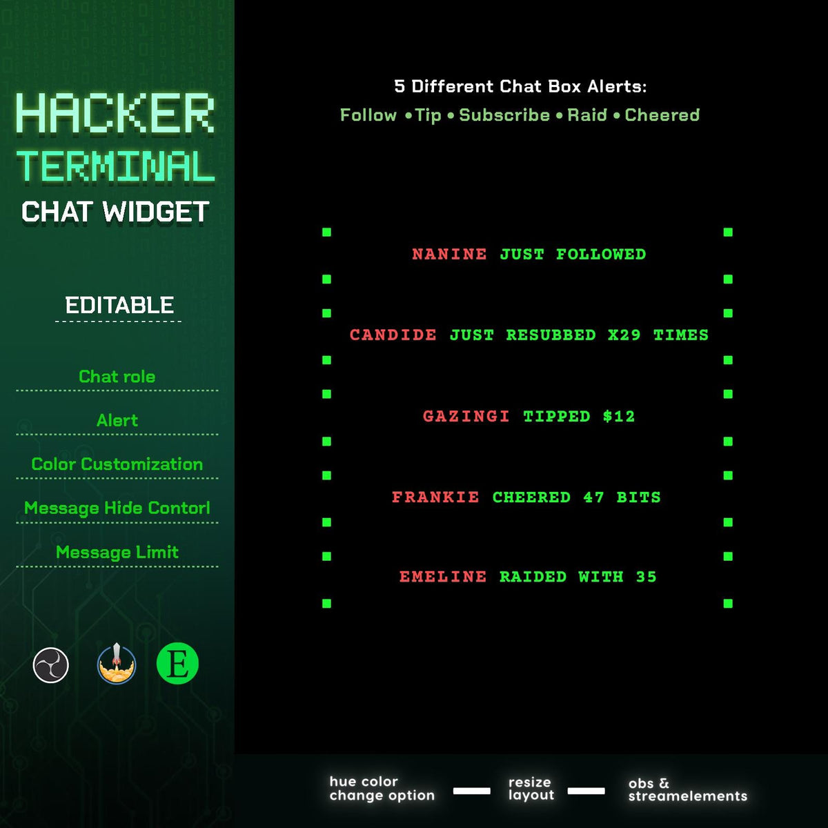 Hacker Terminal Twitch Chat Widget - Cyberpunk StreamElements & Event Alerts (Digital Download)