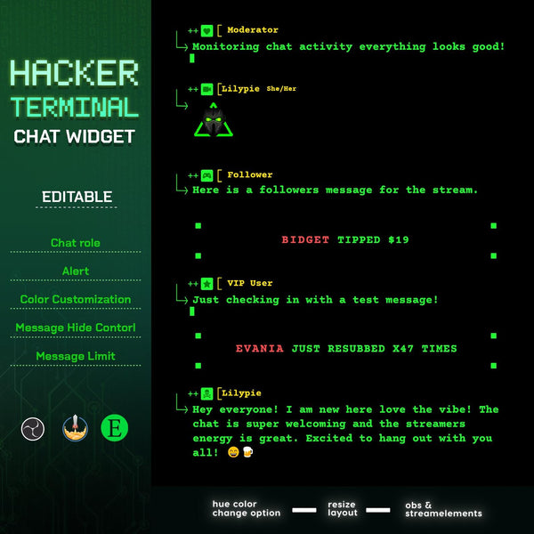 Hacker Terminal Twitch Chat Widget - Cyberpunk StreamElements & Event Alerts (Digital Download)