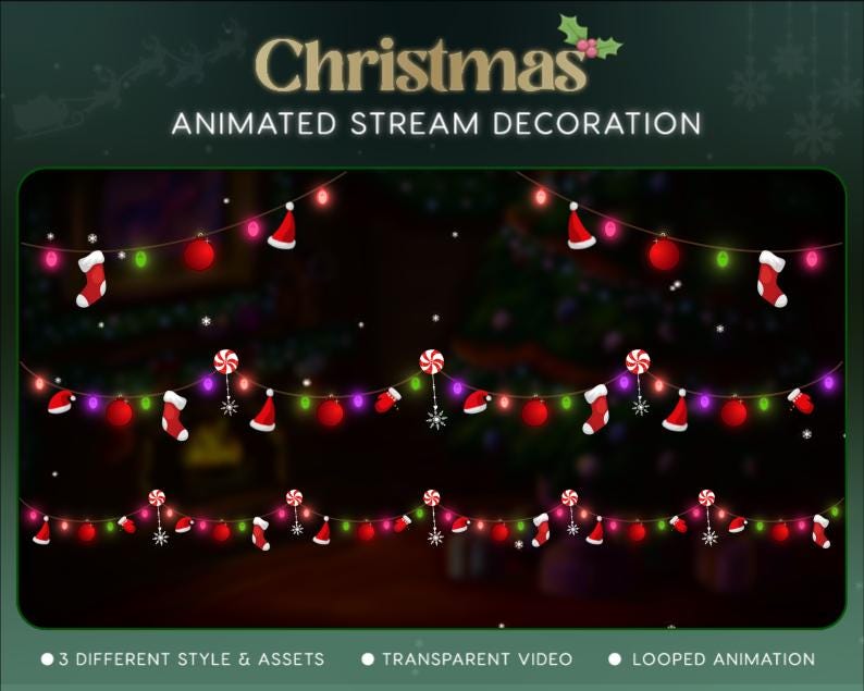 Christmas Lights Twitch Stream Decoration With Falling Snow, Shock, Santa Winter Overlay