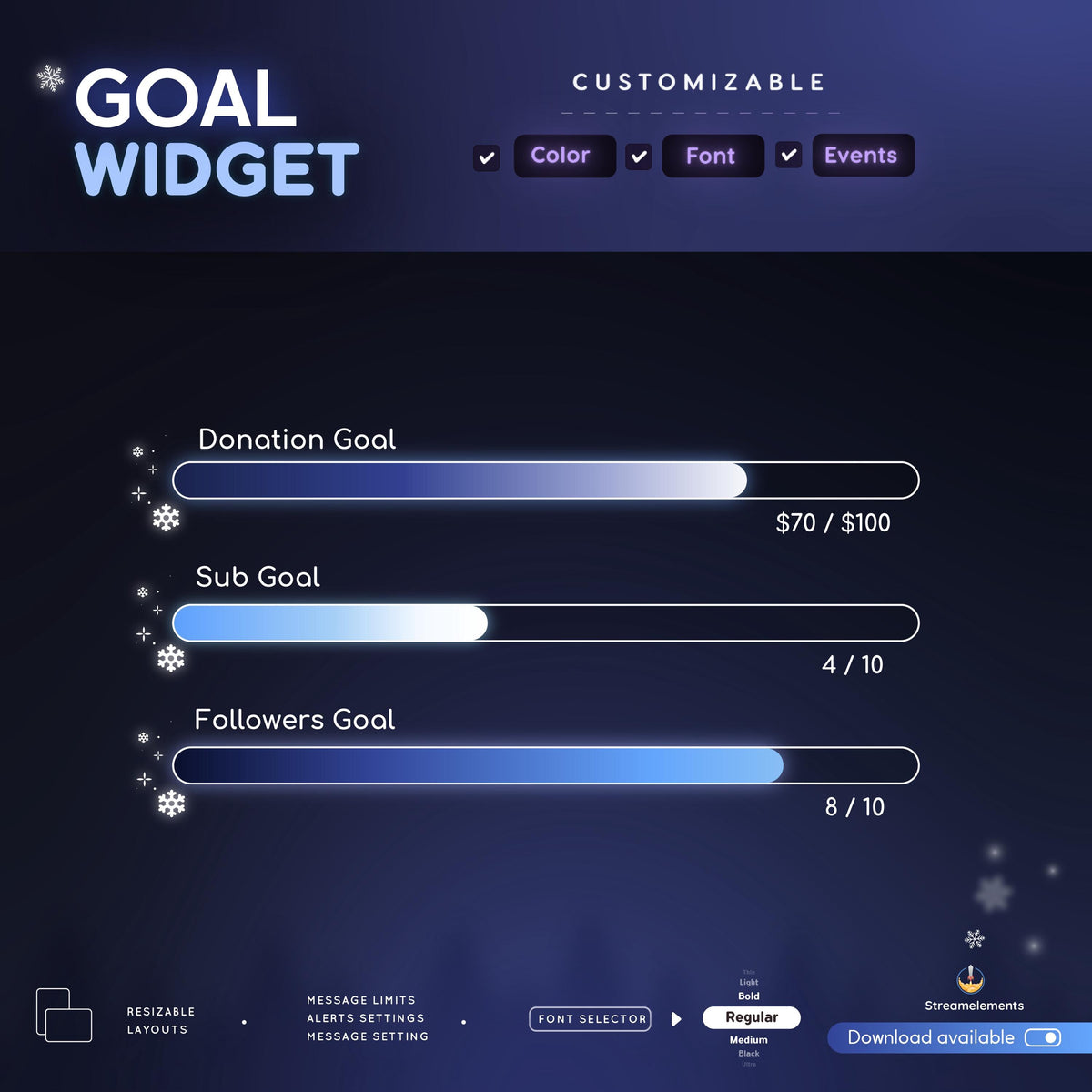 Winter Glow Slider Goal Widget | Customizable Gradient Colors Goal Bars Snow | Streamelements OBS