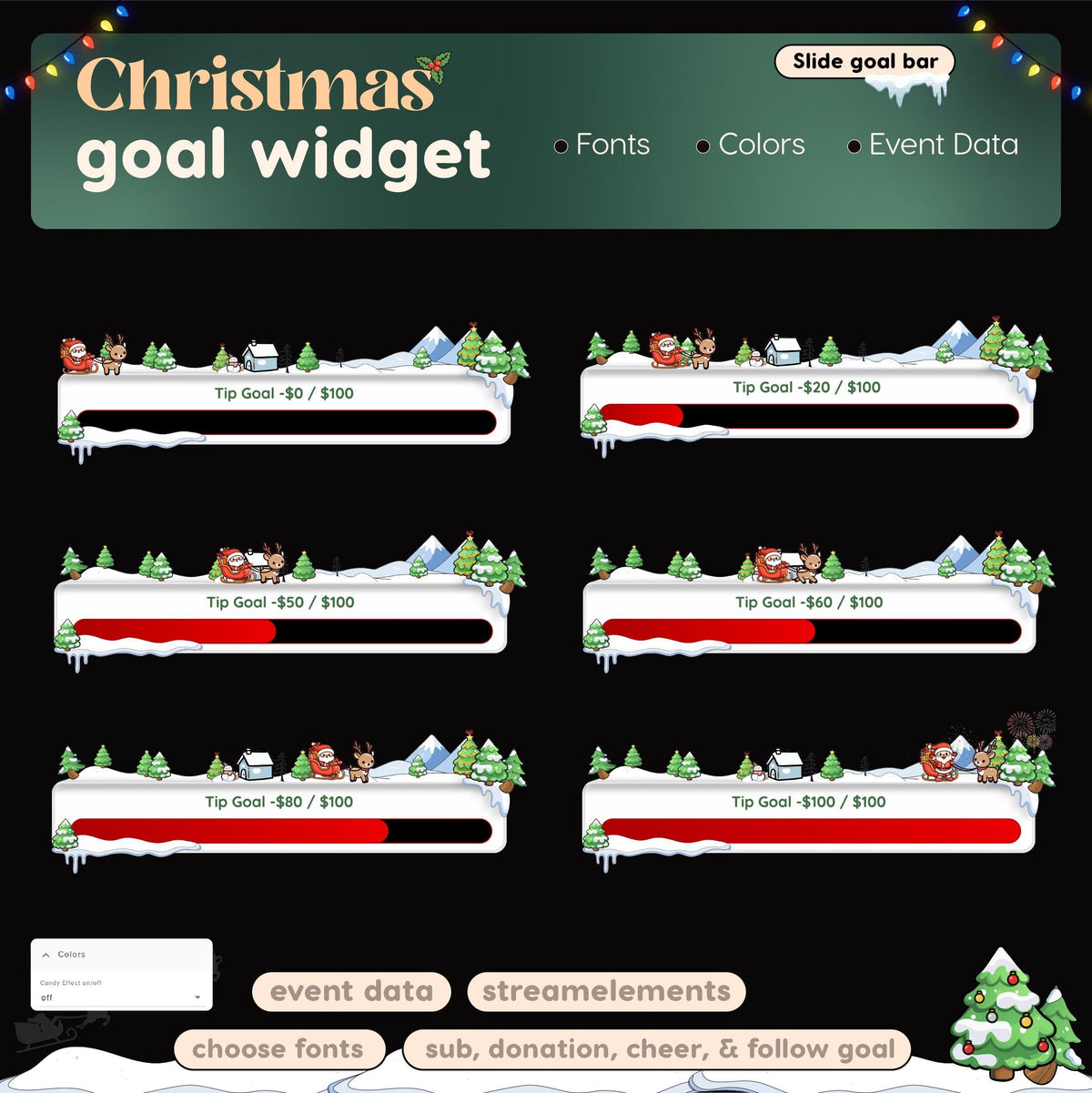 Christmas Goal Widget | Twitch Streamlabs StreamElements Santa Snow Animated Sub Goal | VTuber Streamer