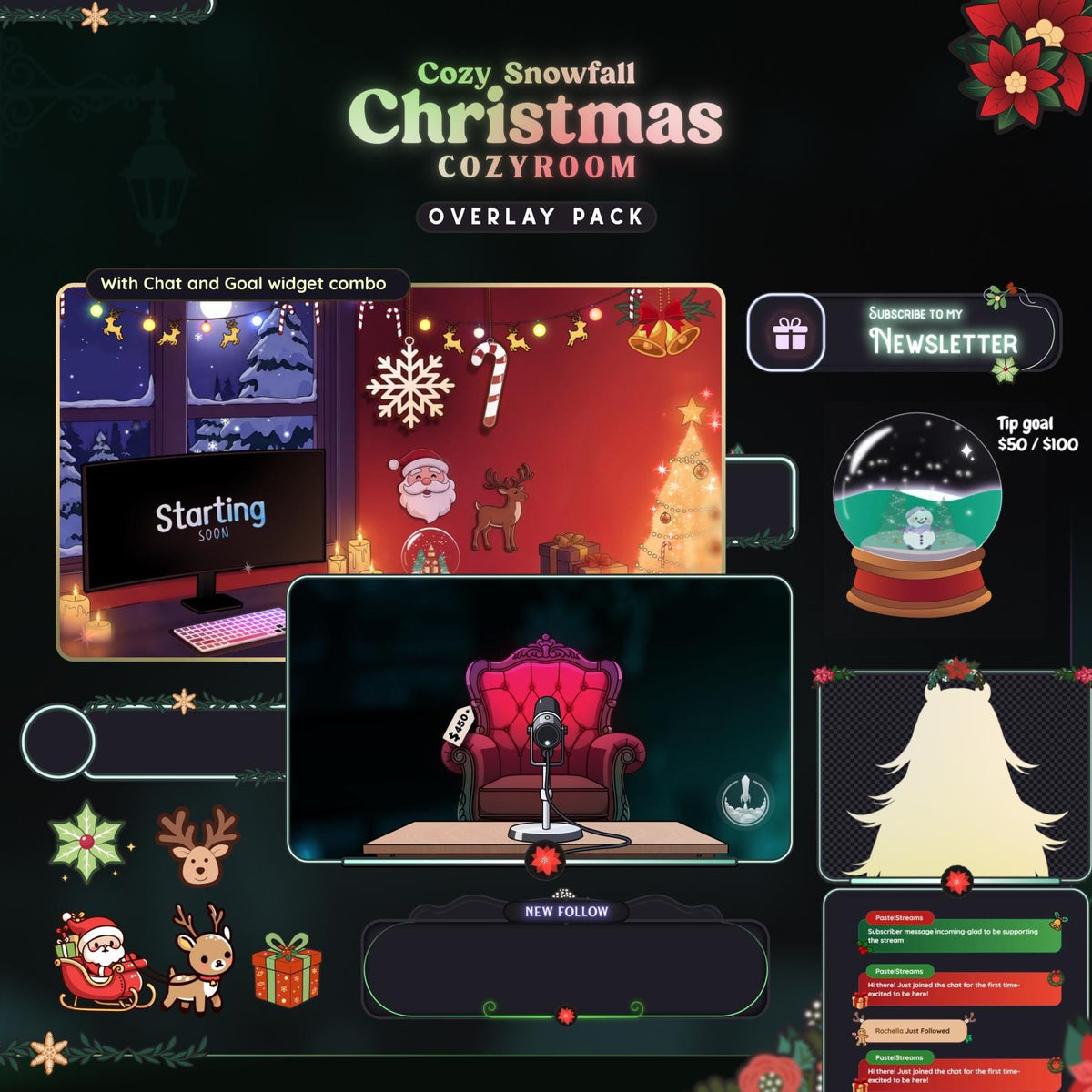 Christmas Cozy Stream Overlay Pack with Chat and Goal Widgets