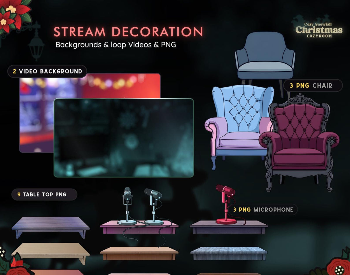 Christmas Cozy Stream Overlay Pack with Chat and Goal Widgets