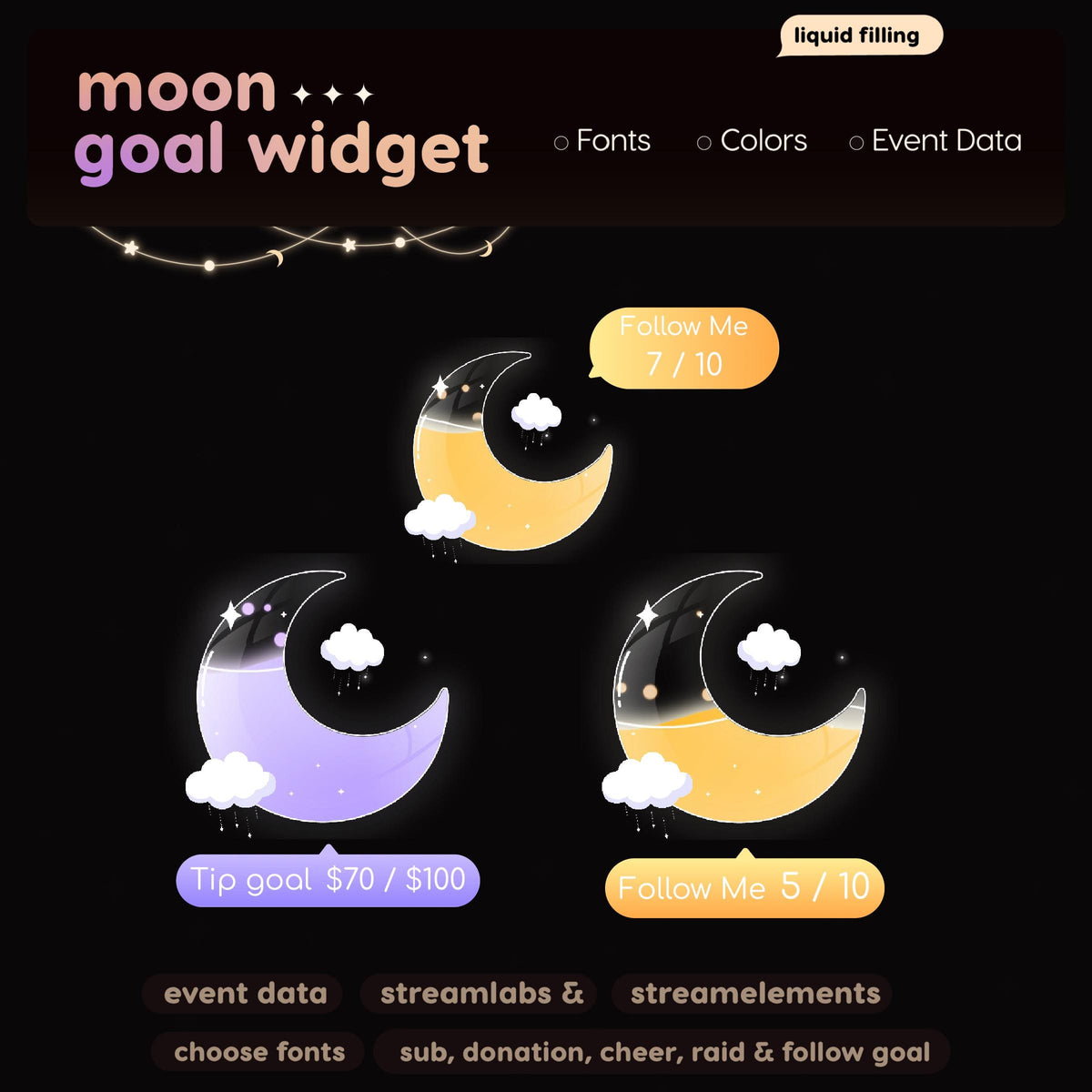 Moon Cloud Donation Goal Widget | Twitch Streamlabs, StreamElements (Digital Download)