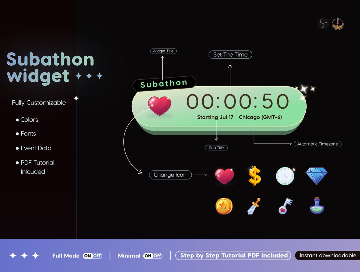 Subathon Timer Widget | Twitch StreamElements Animated Donathon Megathon Countdown | Streamer Tool OBS