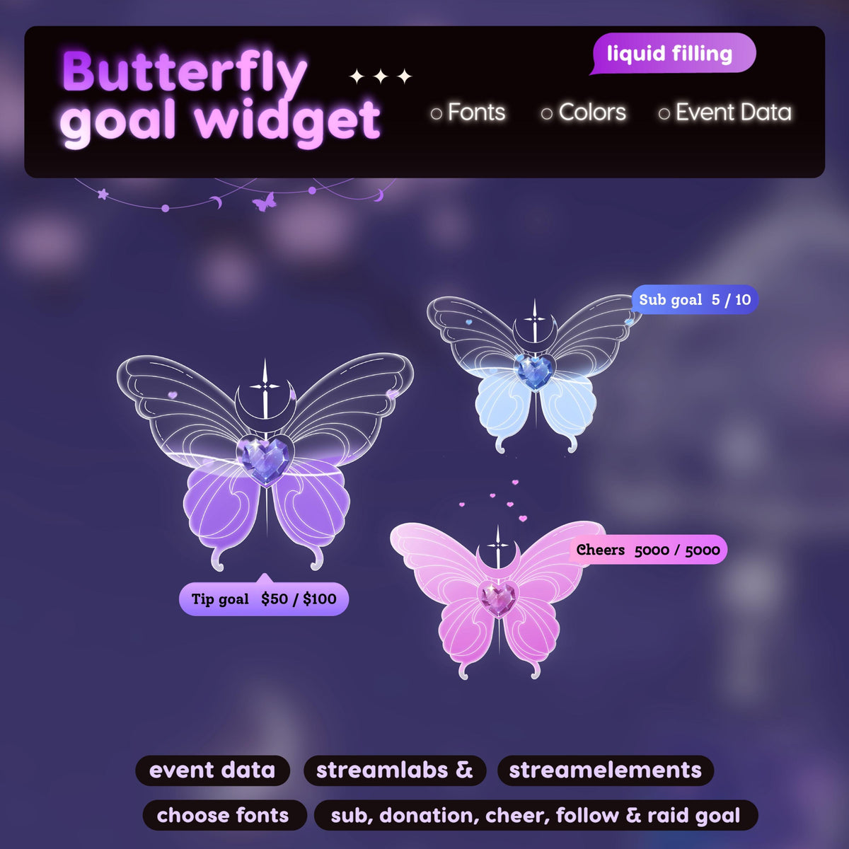 Crystal Butterfly Goal Widget | Twitch Streamlabs StreamElements Animated Sub Goal Tracker | VTuber Streamer