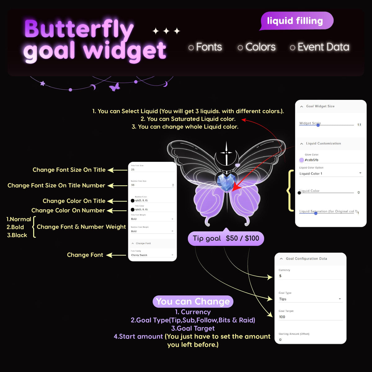 Crystal Butterfly Goal Widget | Twitch Streamlabs StreamElements Animated Sub Goal Tracker | VTuber Streamer