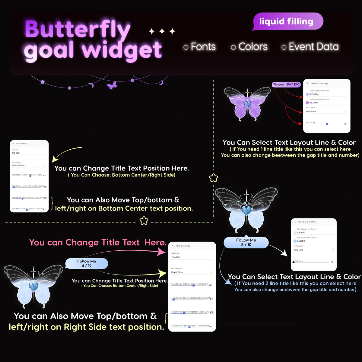 Crystal Butterfly Goal Widget | Twitch Streamlabs StreamElements Animated Sub Goal Tracker | VTuber Streamer