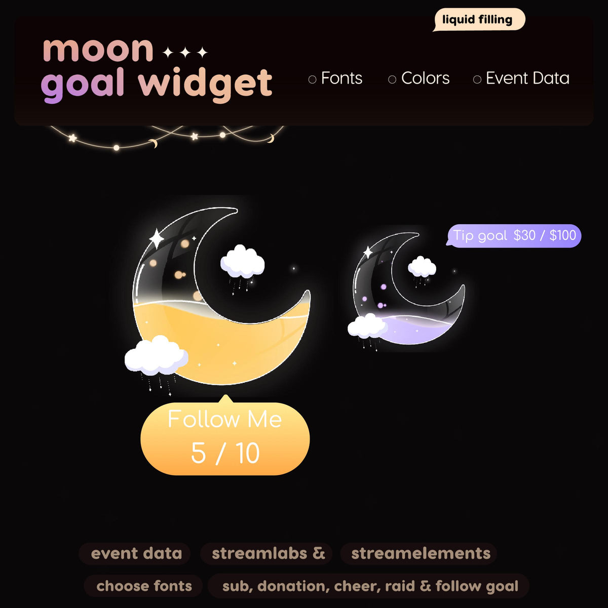 Moon Cloud Donation Goal Widget | Twitch Streamlabs, StreamElements (Digital Download)