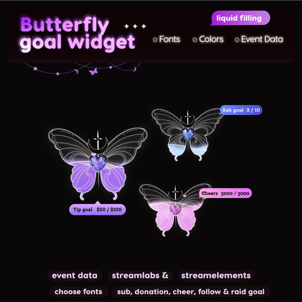 Crystal Butterfly Goal Widget | Twitch Streamlabs StreamElements Animated Sub Goal Tracker | VTuber Streamer