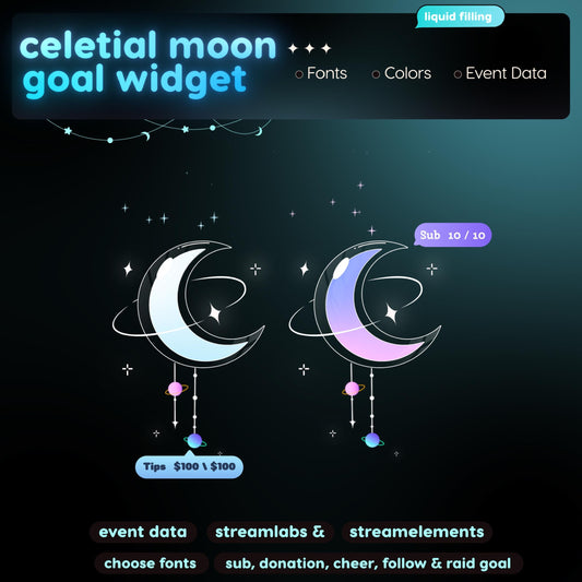 Celestial Moon Goal Widget | Twitch Streamlabs StreamElements Animated Sub Donation Tracker | VTuber Streamer