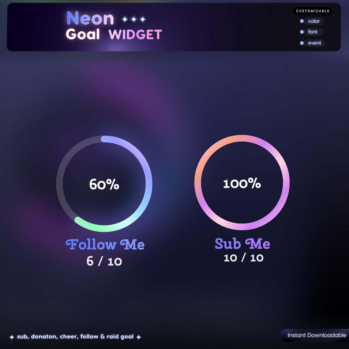 Neon Ring Goal Widget | Twitch RGB Animated Sub Goal OBS StreamElements | VTuber Streamer Gift