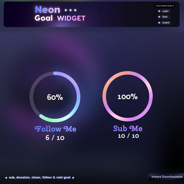 Neon Ring Goal Widget | Twitch RGB Animated Sub Goal OBS StreamElements | VTuber Streamer Gift