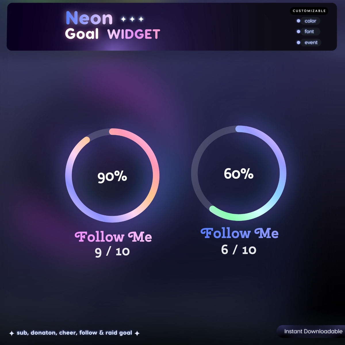 Neon Ring Goal Widget | Twitch RGB Animated Sub Goal OBS StreamElements | VTuber Streamer Gift
