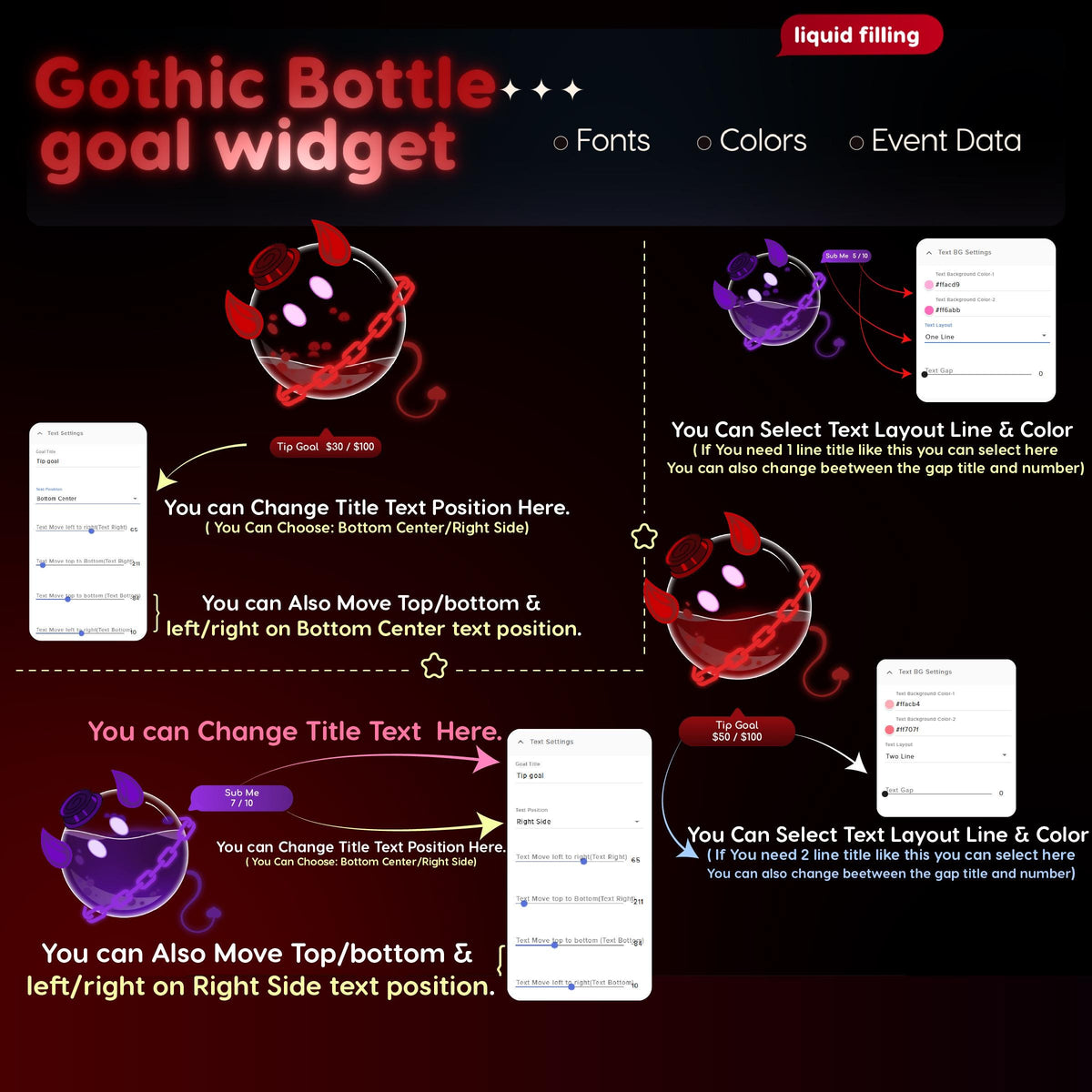 Gothic Bottle Goal Widget | Twitch Streamlabs StreamElements Sub Donation Bits Tracker | Dark VTuber Streamer