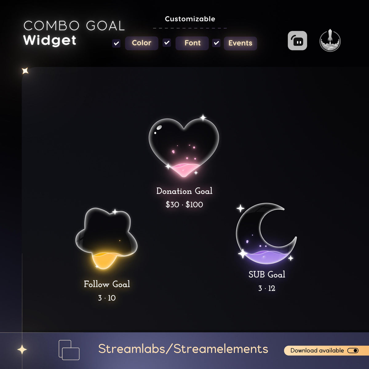 Customizable Star Moon Combo Goal Widget for Streamers (Streamlabs/Streamelements)