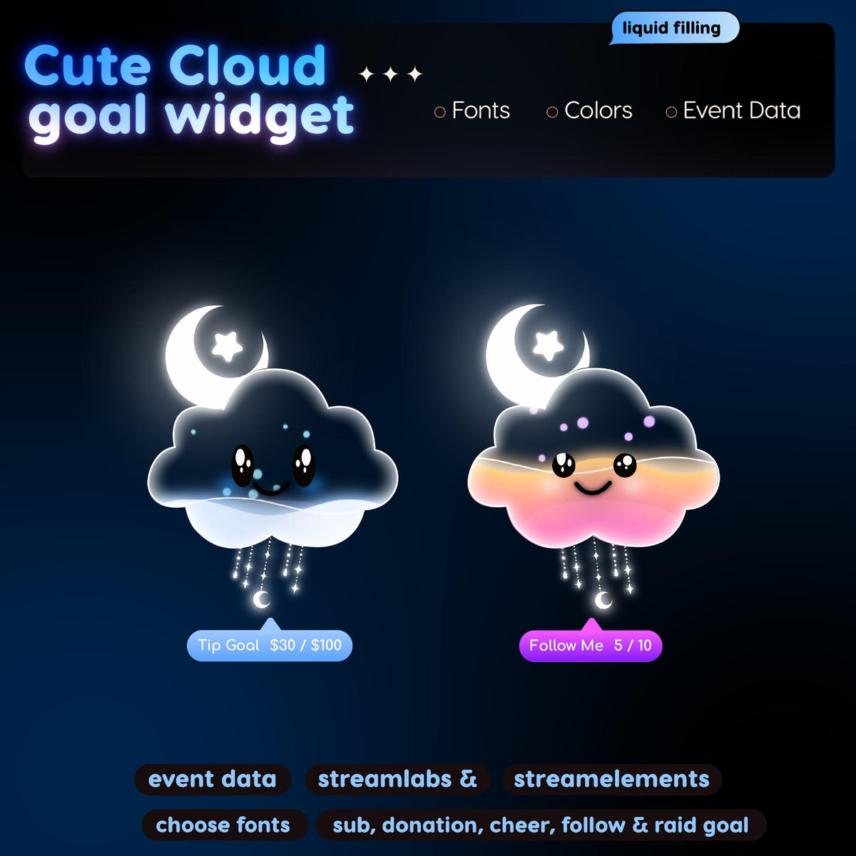 Pastel Rainbow Cloud Goal Widget | Twitch Streamlabs StreamElements Donation Follower Tracker | Kawaii VTuber