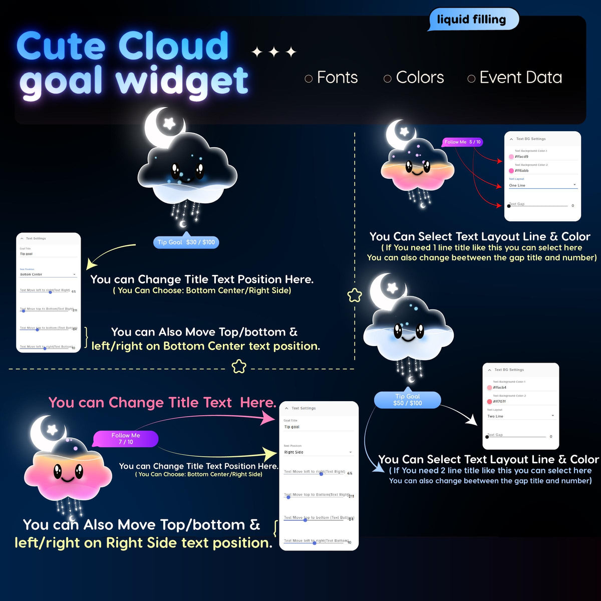 Pastel Rainbow Cloud Goal Widget | Twitch Streamlabs StreamElements Donation Follower Tracker | Kawaii VTuber