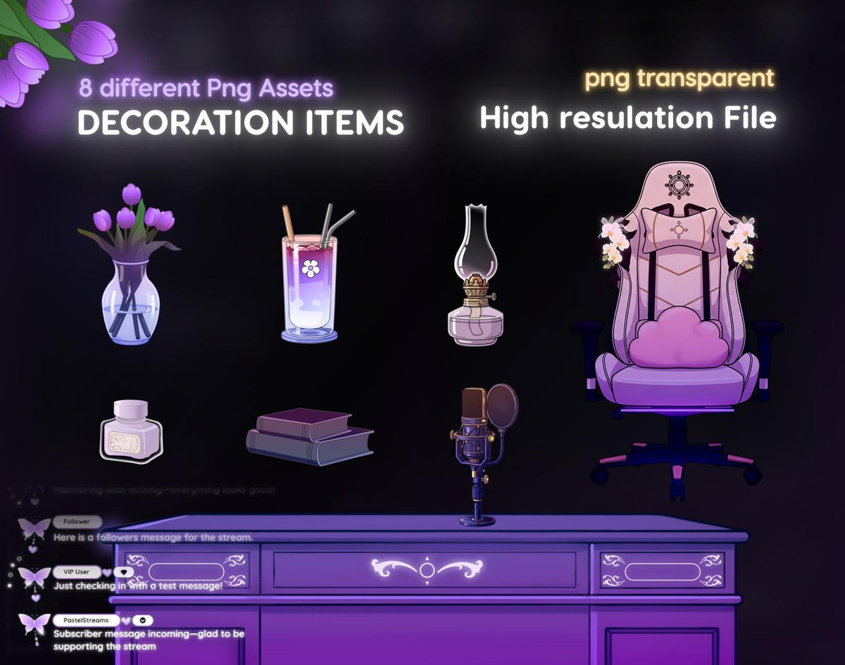 Purple Twitch Overlay Pack | VTuber Streaming Room Overlay | Cozy Stream Screens