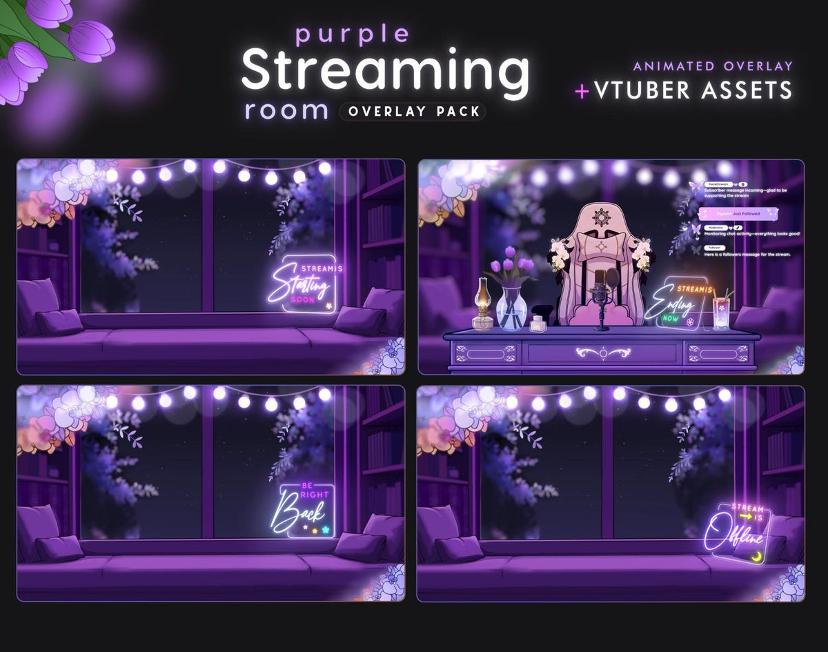Purple Twitch Overlay Pack | VTuber Streaming Room Overlay | Cozy Stream Screens