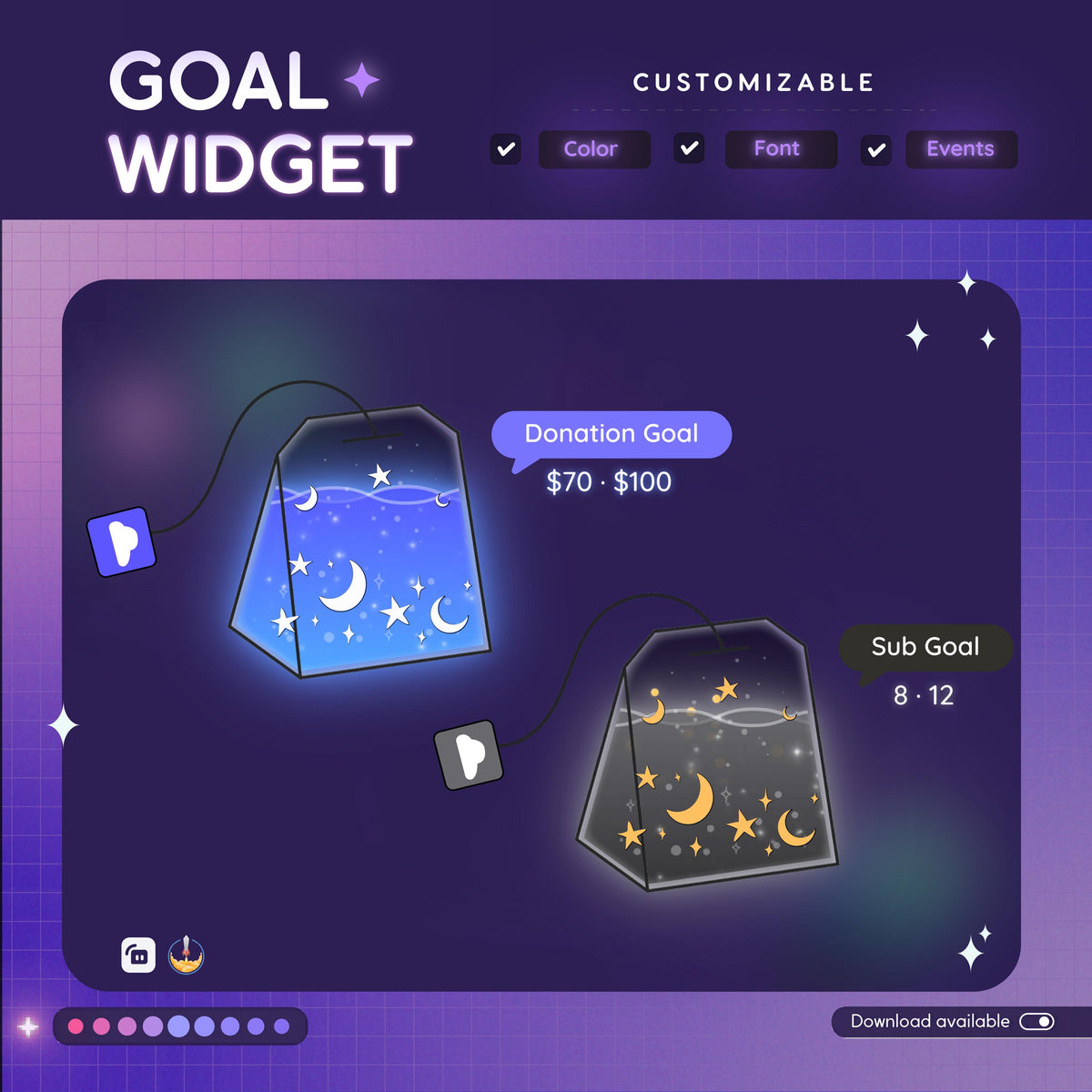 Cosmic Tea Bag Goal Widget – Customizable Star Moon Stream Overlay (Digital Download)