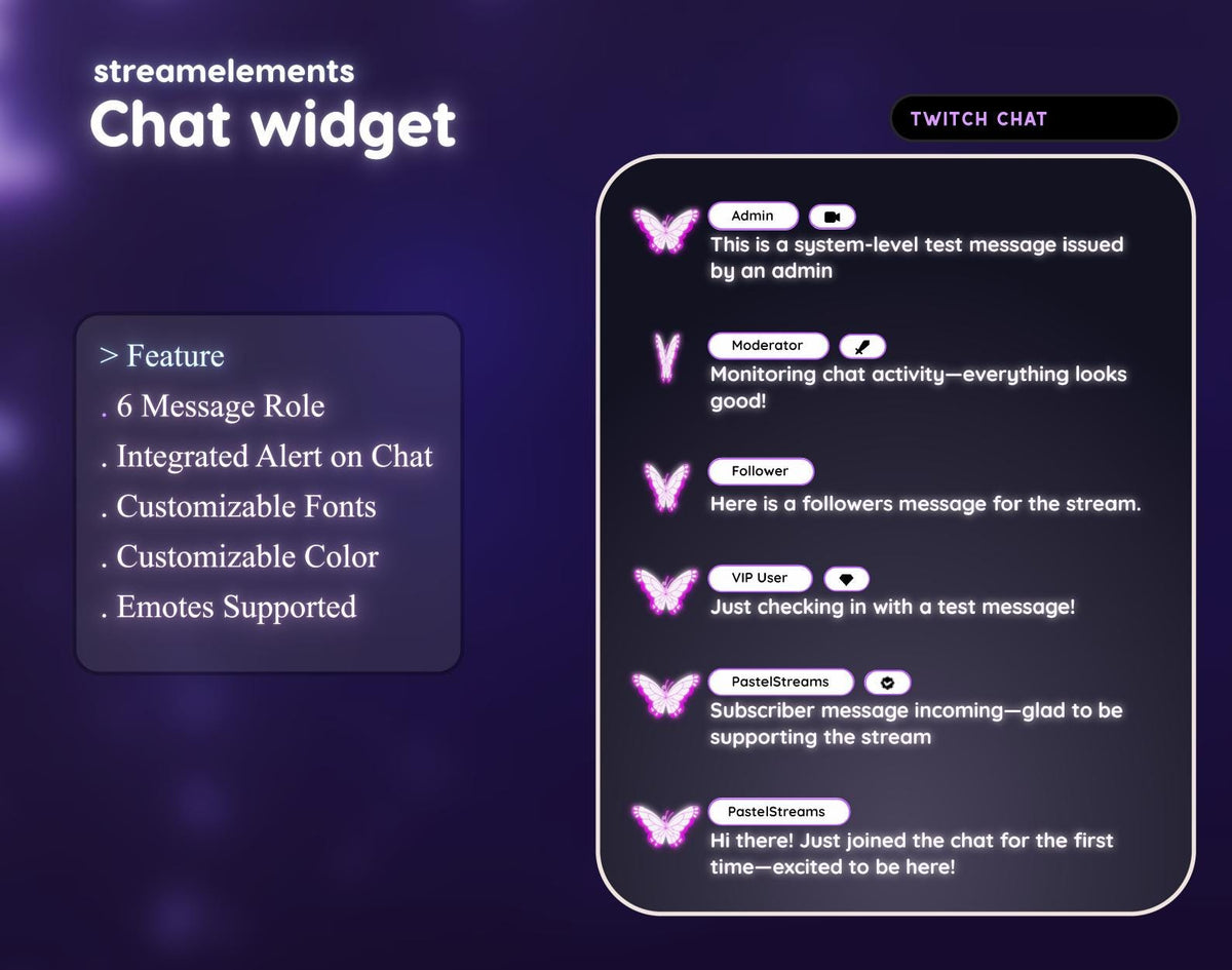 Butterfly Twitch Overlay Package | Animated - VTuber Stream Package | Alerts, Panels, Screens, Webcam Borders