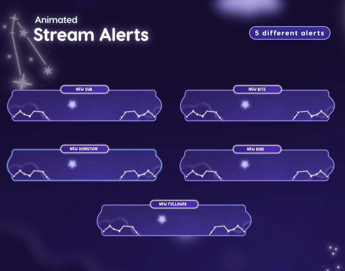 Starry Night Twitch Stream Overlay Pack | Animated Alerts, Chat Widget, Borders