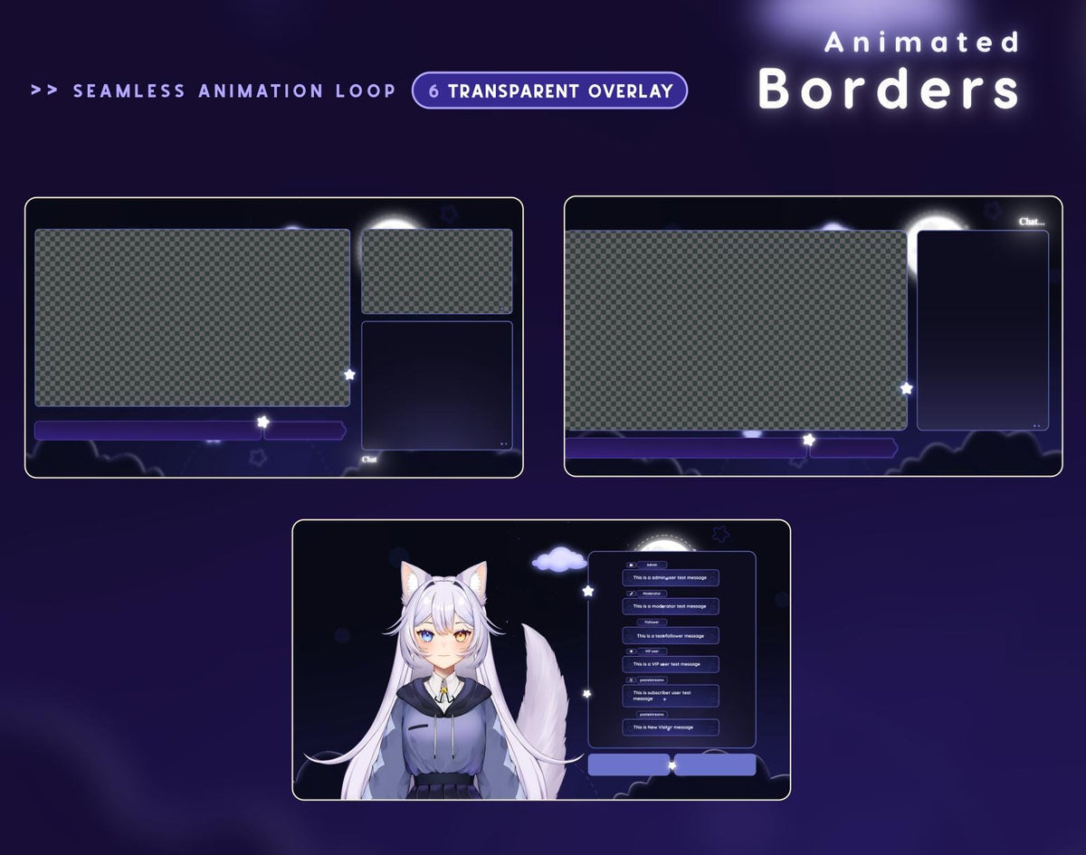 Starry Night Twitch Stream Overlay Pack | Animated Alerts, Chat Widget, Borders