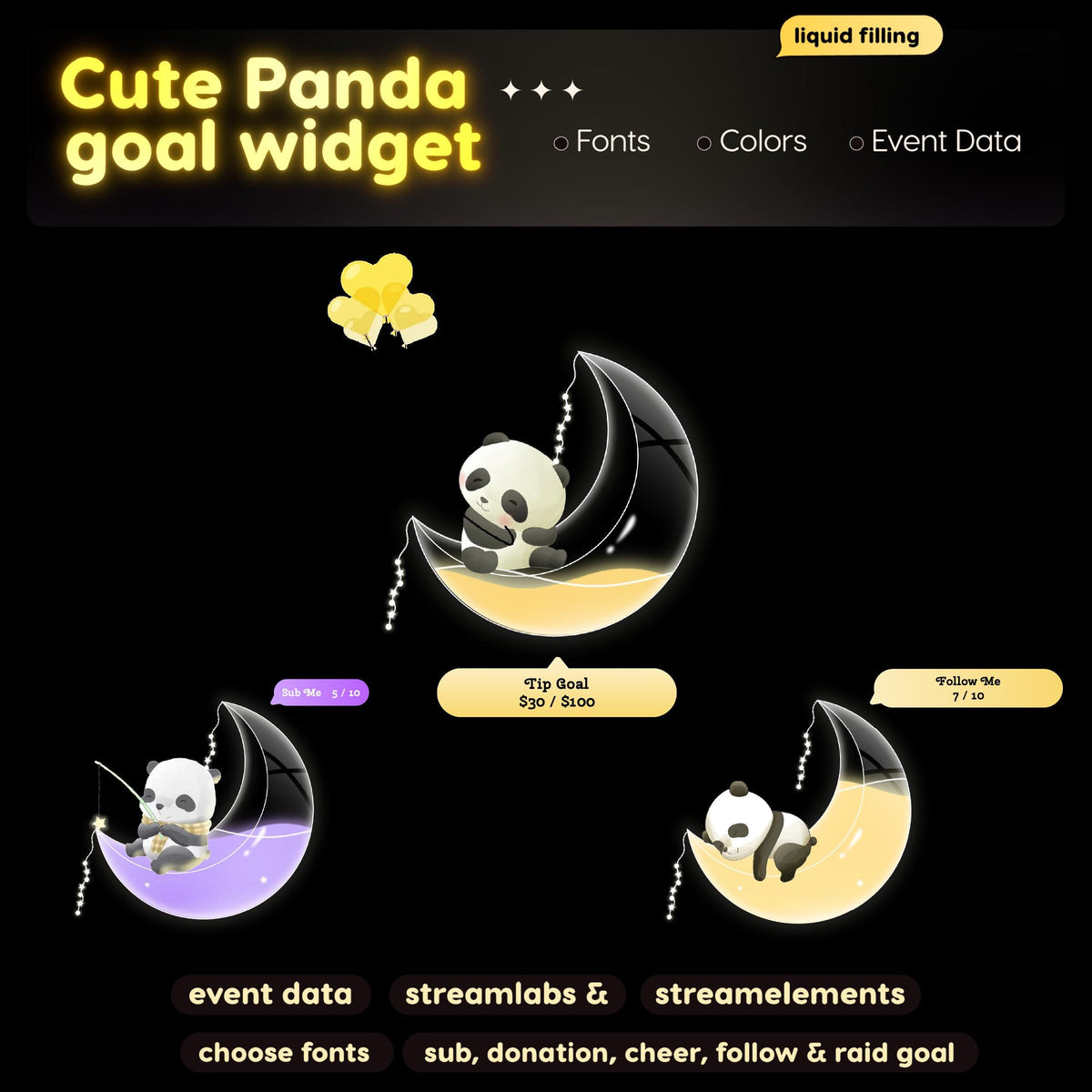 Panda Moon Goal Widget, Twitch Streamlabs Elements (Digital Download)