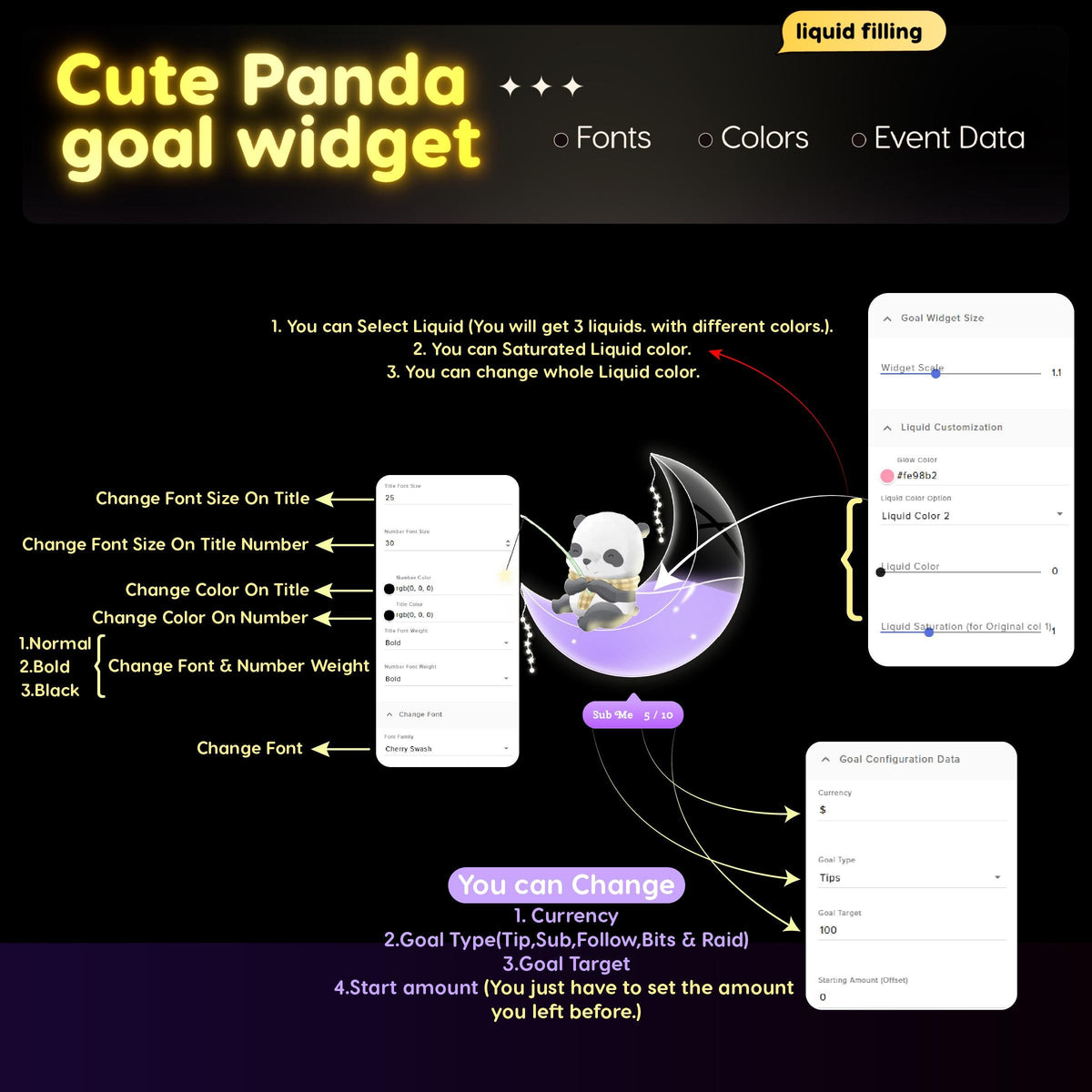 Panda Moon Goal Widget, Twitch Streamlabs Elements (Digital Download)
