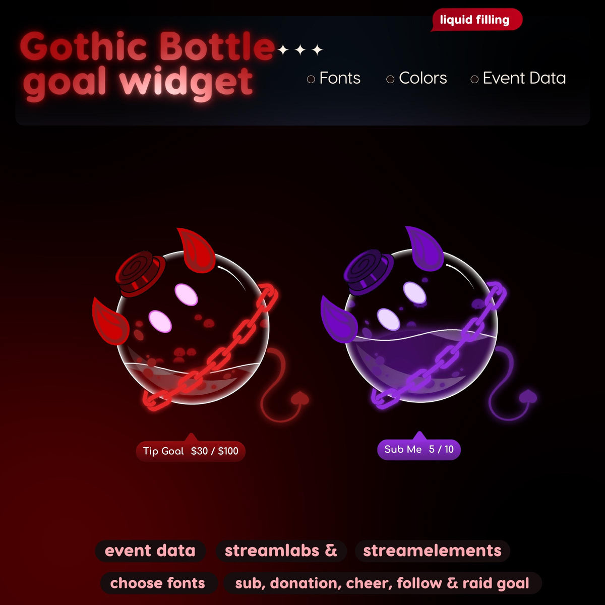 Gothic Bottle Goal Widget | Twitch Streamlabs StreamElements Sub Donation Bits Tracker | Dark VTuber Streamer