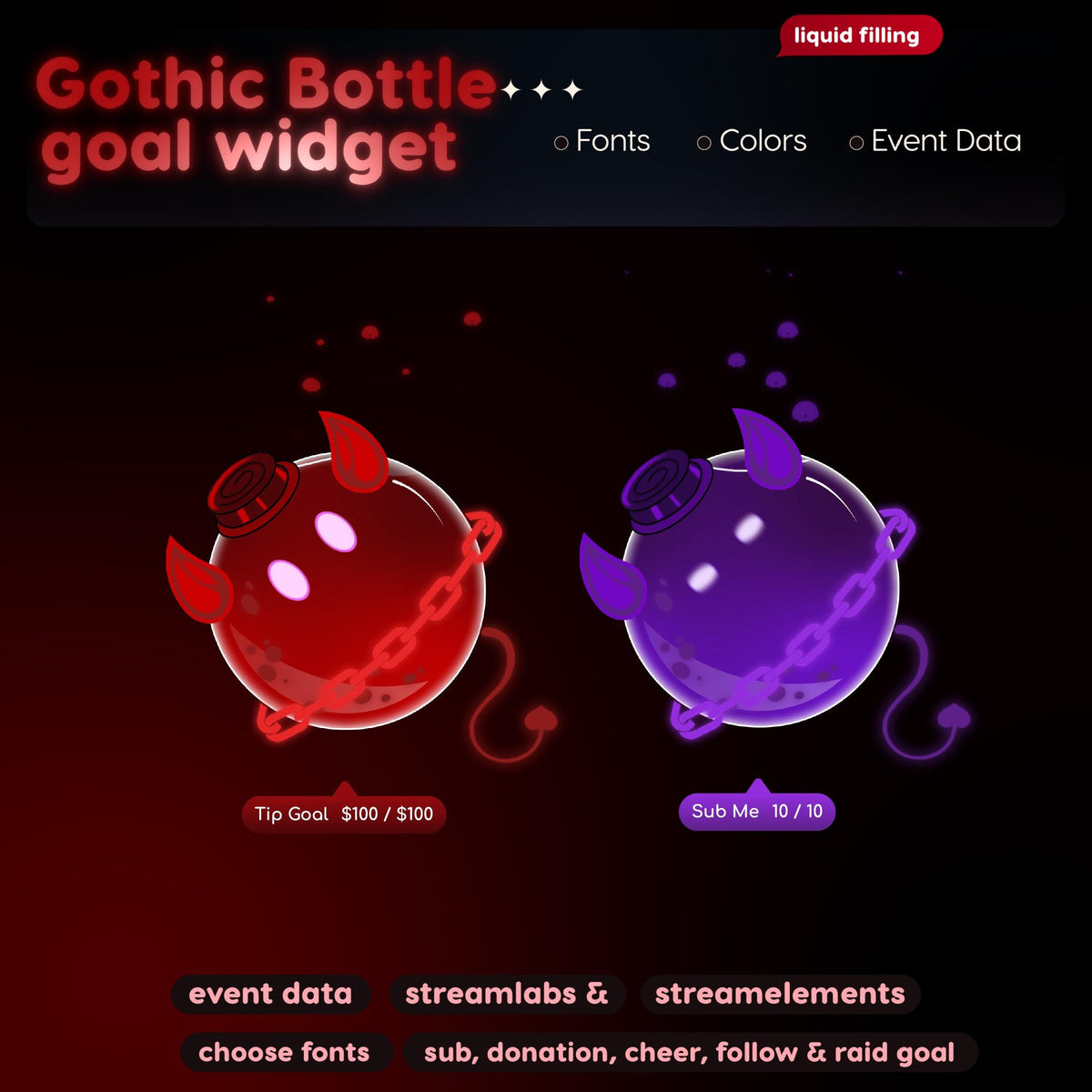Gothic Bottle Goal Widget | Twitch Streamlabs StreamElements Sub Donation Bits Tracker | Dark VTuber Streamer