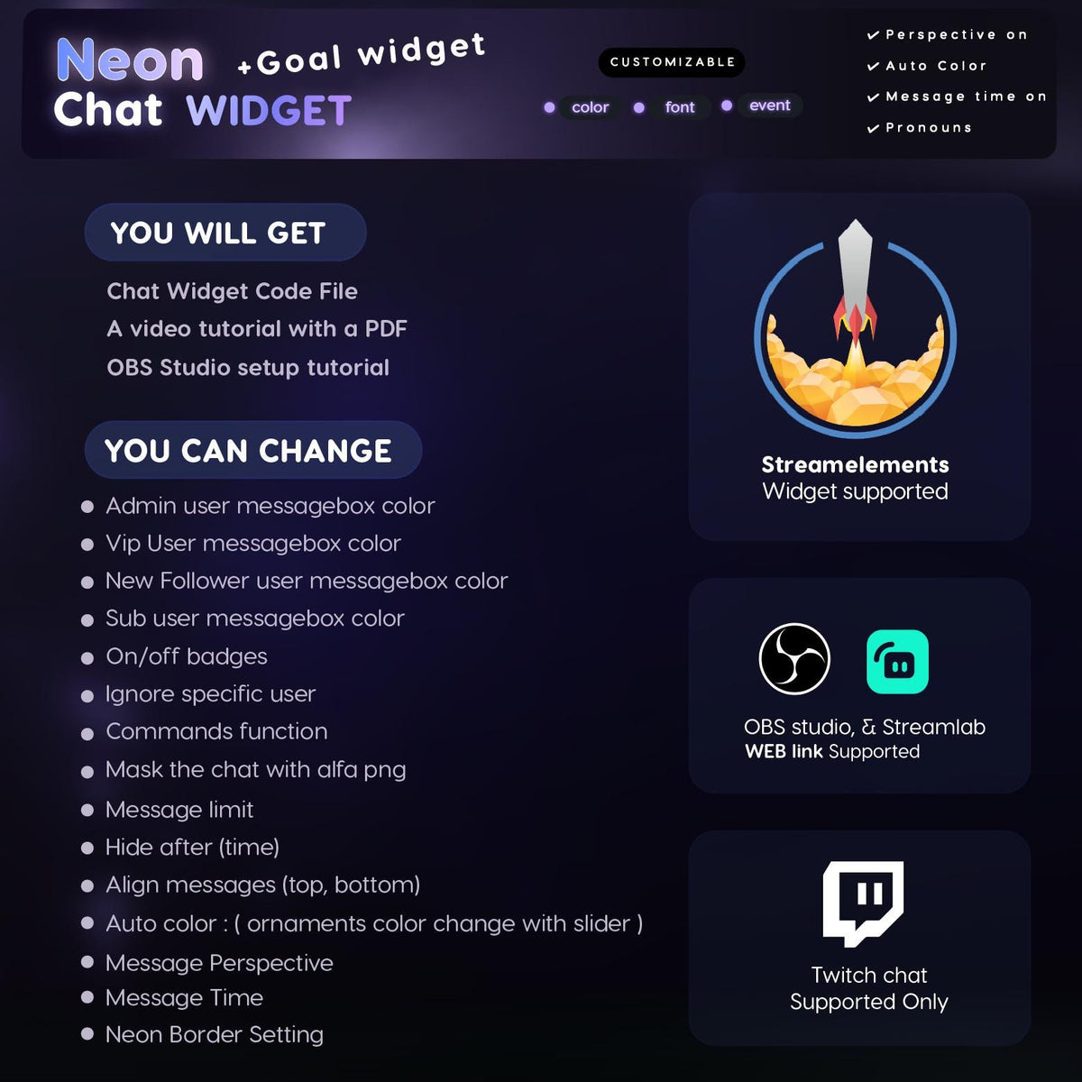 Saber Neon Chat Widget | Twitch StreamElements Animated Glow Chat Goal Overlay | VTuber Streamer OBS