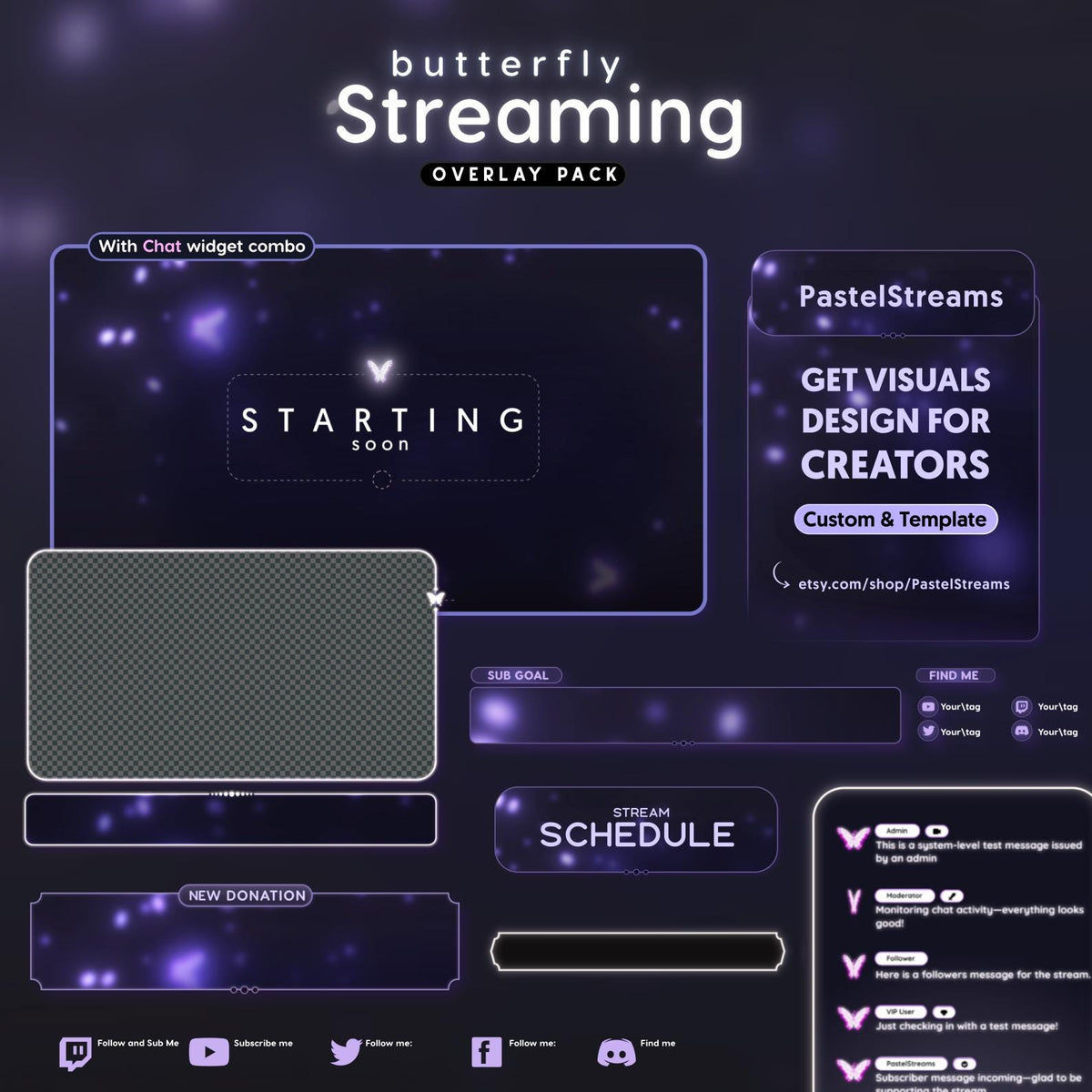 Butterfly Twitch Overlay Package | Animated - VTuber Stream Package | Alerts, Panels, Screens, Webcam Borders